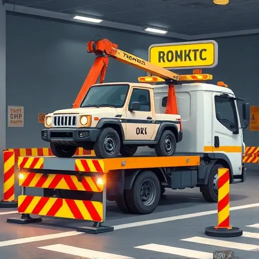 A tow truck lifting a small vehicle or animal named "Бычок" in a safe environment, with safety barriers, protective gear, and clear safety signage, all depicted in a realistic style, no text or letters, no digits, no weapons, no violence, no explicit content
