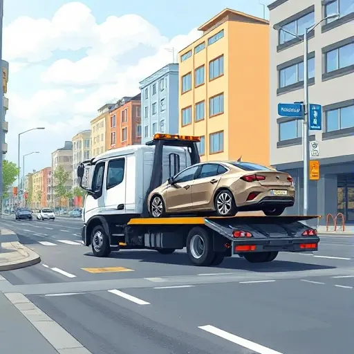 Эвакуатор Москва в Раменском: Полное руководство A smallHQ style illustration of a modern tow truck on a city street in Ramenskoye, Moscow region, with the truck lifting a car on a flatbed, surrounded by typical urban buildings and a clear sky, focusing on the vehicle and the scene without any text or signage