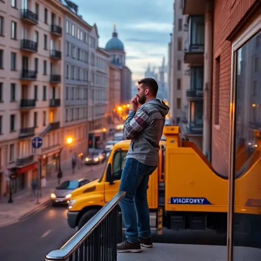 вызвать эвакуатор в москве недорого войковский A realistic scene of a person standing on a Moscow apartment balcony, holding a phone to call a cheap tow truck service. In the background, a bright yellow tow truck is parked on a street with typical Moscow architecture. The setting is Voinovsky street, featuring subtle street signs and a city skyline at dusk. The image should capture the urban atmosphere, the tow truck’s reflective surface, and the person’s relaxed posture, without any visible text, letters, or numbers.
