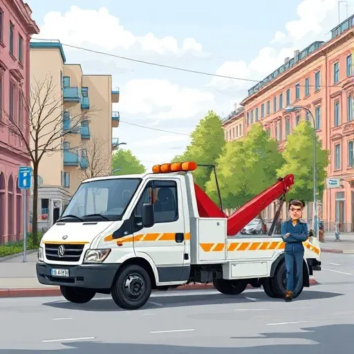 A realistic illustration of a modest tow truck parked on a quiet Moscow street in the North-West district, with typical city buildings and trees in the background, a friendly driver standing beside the vehicle, the scene conveys affordability and reliability without any visible text, logos, or signage.
