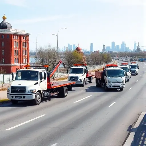 A realistic scene showing several types of tow trucks (flatbed, wheel‑lift, and hook‑and‑chain) operating on a busy road near Moscow, with recognizable Russian architecture such as a red brick building and a glimpse of the Moscow skyline in the background. The trucks are painted in neutral colors, and the setting is daytime with clear sky, emphasizing the variety of tow services in the Moscow region.