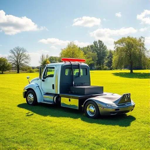 A bright sunny day on a lush green lawn with a modern tow truck parked beside a small car, the truck's cab open, showing a towing hook, all in a realistic style.