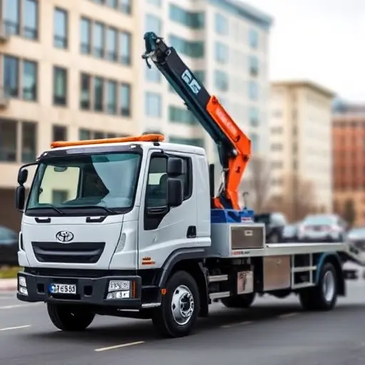 A modern tow truck equipped with a hydraulic manipulator arm, positioned in a city street with a slightly blurred background of buildings. The truck should be in a dynamic pose, with the manipulator arm extended, ready to lift a vehicle. The scene is captured in a realistic style with clear lighting and detailed textures on the truck and arm. No text, logos, or numbers should be visible.