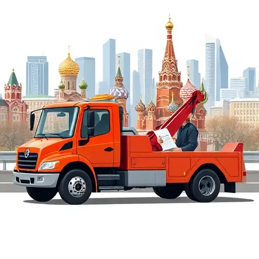 A tow truck parked in front of a Moscow cityscape, with a clear view of the iconic skyline, a friendly driver holding a clipboard with a checklist, and a subtle price tag symbol indicating affordability. The scene should convey reliability and affordability without any text, letters, or digits.