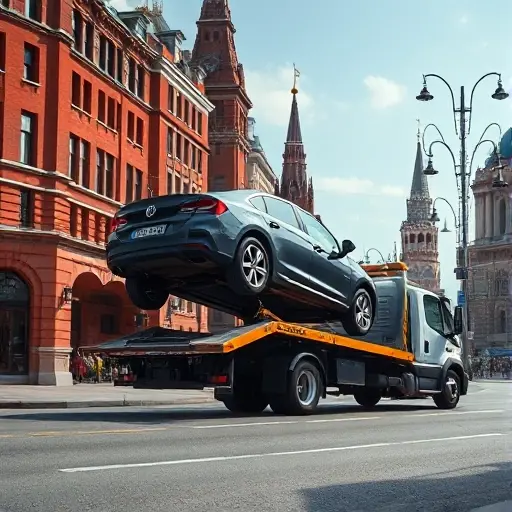 A realistic scene of a tow truck lifting a car onto its platform on a Moscow street, with recognizable Moscow architecture such as red brick buildings and typical street lamps, under a clear sky, emphasizing the vehicle evacuation process, focusing on the tow truck, the car, and the urban environment, without any text or symbols.