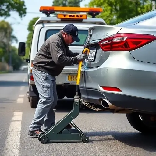 A tow truck parked on a quiet street, with a mechanic attaching a tow strap to a car's rear bumper. The mechanic is using a jack to lift the car slightly, and a tow hook is being secured. The scene shows a clear view of the street, the tow truck's front, and the car's rear. The environment is daytime, with a clean, realistic style, no text or lettering.