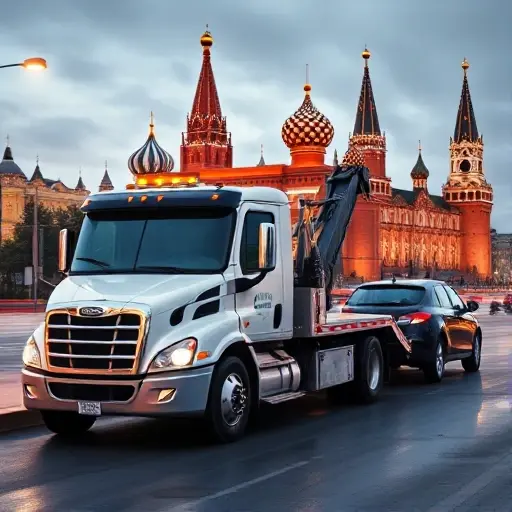 Эвакуаторы Москвы: Продажа‚ Выбор и Эксплуатация A realistic depiction of a modern tow truck in Moscow, positioned near a recognizable Moscow landmark such as the Kremlin or Red Square, with the truck actively pulling a stalled vehicle. The scene should capture the bustling city atmosphere, with subtle reflections of city lights and a hint of the iconic skyline in the background. No text or lettering should be present.