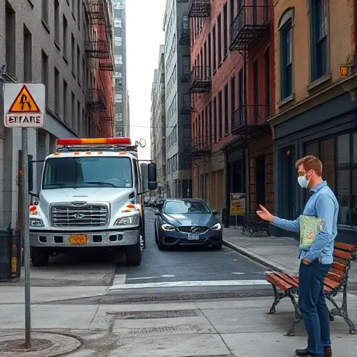 A realistic daytime scene of a tow truck parked on a narrow city street named Ambulatory Lane, with a small car in the middle of the road, a city map on a nearby bench, and a passerby holding a phone looking for a tow service. The urban buildings are visible, and the atmosphere is calm and helpful.