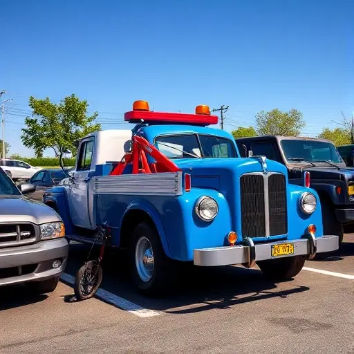 A realistic scene featuring a classic blue and white tow truck parked beside a variety of vehicles: a compact car, a motorcycle, a pickup truck, and a heavy SUV. The tow truck has a visible winch and a bright yellow safety light. The setting is a sunny parking lot with a clear blue sky, a few trees, and subtle shadows to emphasize depth. No people, no text, no logos, no license plates, and no signage are present.