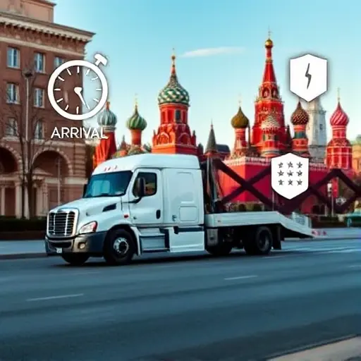 A modern tow truck parked on a Moscow street with the iconic skyline in the background. The truck is highlighted with subtle visual cues indicating fast arrival (a stylized clock icon in motion), a price indicator (a simple price tag symbol), and an experience badge (a shield with a star). No textual elements or numbers are present, only symbolic representations. The scene conveys professionalism and reliability in a clean, realistic style.