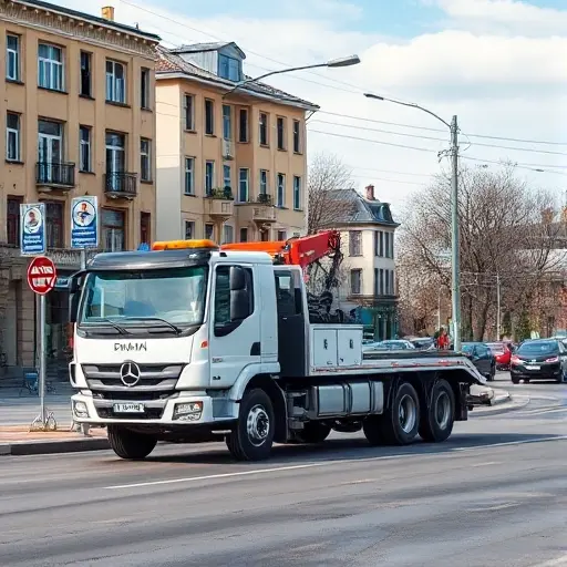 эвакуатор люберцы москва A realistic scene of a tow truck operating on a city street in Lyubertsy, Moscow region, with typical urban buildings, street signs, and a clear sky, focusing on the vehicle and its equipment, no text or logos