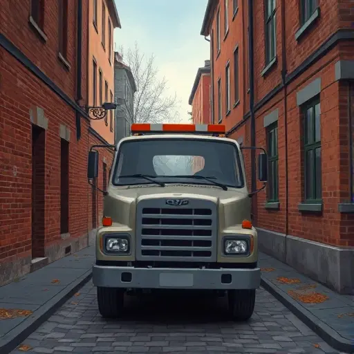 A realistic illustration of a tow truck parked in a narrow, cobblestone alley in a Russian town, with old brick buildings on either side, a small streetlamp, and a few scattered leaves. The tow truck should be in a muted color palette, with subtle reflections on its metal surface. The scene should capture a quiet, early evening atmosphere with soft lighting.