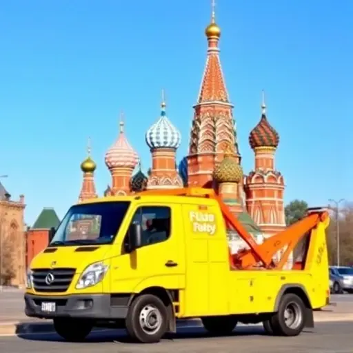 вызов эвакуатора москва недорого A bright yellow tow truck parked near the iconic St. Basil's Cathedral in Moscow, with a small price tag icon indicating affordability, set against a clear blue sky, no text or letters
