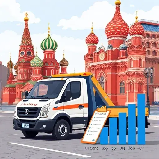 A realistic illustration of a modern tow truck parked near the Red Square in Moscow, with subtle visual cues such as a clipboard and a simple bar graph overlay to represent job vacancies and market overview, all without any text, letters, or numbers.