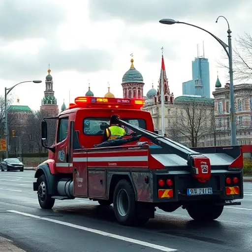 забрал эвакуатор куда звонить москва A realistic depiction of a tow truck parked on a Moscow street, featuring a bright red emergency light, a driver wearing a reflective vest, a phone on the dashboard, and the iconic Moscow skyline in the background, all rendered in a detailed, high-quality style