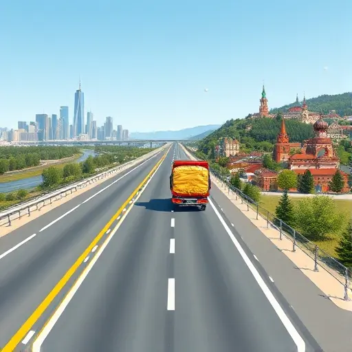 A realistic smallHQ style illustration of a tow truck traveling on a long highway that stretches from a city skyline resembling Moscow on the left to a forested, historic townscape reminiscent of Vologda on the right. The road is marked with distance markers and subtle icons representing factors that affect towing cost, such as a clock for time, a weight scale for vehicle weight, and a fuel pump for fuel consumption, all integrated into the scenery without any readable text. The sky is clear, and the landscape transitions from urban to rural, showing the journey between the two cities.