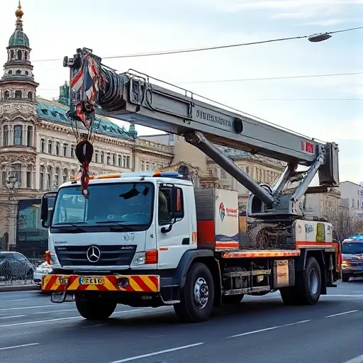кран эвакуатор москва A powerful crane tow truck parked on a busy Moscow street, with recognizable Russian architecture and cityscape in the background, under a clear sky, realistic lighting, no text or signage