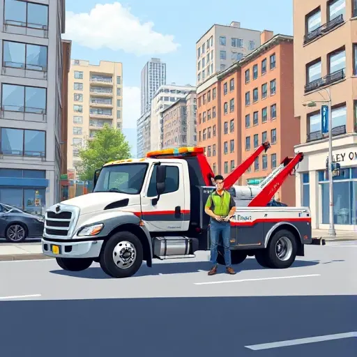 A realistic smallHQ style illustration of a tow truck parked on a city street called Alley of Pilots, with urban buildings in the background, a clear sky, and a friendly driver standing beside the vehicle offering assistance, without any text, letters, or numbers in the scene