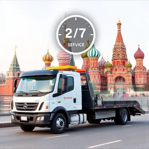 A tow truck parked in front of a recognizable Moscow landmark, such as the Kremlin or St. Basil's Cathedral, with a subtle, modern phone icon hovering above it to suggest 24/7 service. The scene should include a visible distance meter or a road map overlay indicating distance, implying the impact on cost. The image should be clear, realistic, and convey affordability and round-the-clock availability without any textual elements.