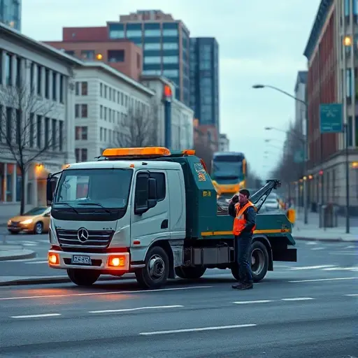 A realistic city street scene on Аллея Космонавтов with a modern tow truck parked beside the road, a driver in a uniform standing next to the vehicle, and a subtle hint of a smartphone in the driver's hand indicating a call for assistance; the background shows typical urban buildings, streetlights, and a calm evening atmosphere, all rendered in a compact high-quality style