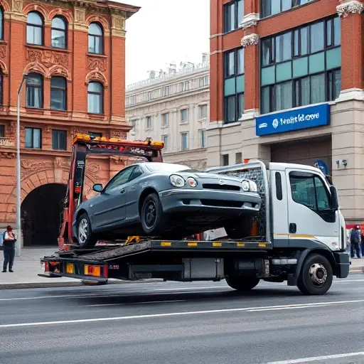 A tow truck on a Moscow street, loading a car partially onto its platform; background shows typical Moscow architecture such as a red brick building or a metro entrance, daytime urban scene, realistic smallHQ style