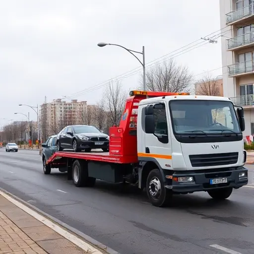 эвакуатор подольск A tow truck parked on a city street in Podolsk, Russia, with a car being towed, showing the city background, no text or numbers