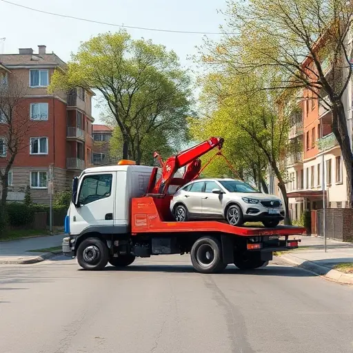 Эвакуатор в 4-м Новомихалковском проезде: Полное руководство A realistic small-scale high-quality illustration of a tow truck parked on a quiet residential street in a typical Russian neighborhood, with modest apartment buildings and trees lining the road, the tow truck's hook attached to a small car being lifted, under a clear daytime sky, no text or signage visible