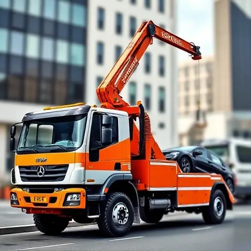 A realistic scene of a modern tow truck equipped with a hydraulic manipulator arm, positioned on a city street beside a parked car that needs to be lifted. The truck is shown from a slightly angled side view, highlighting the sturdy chassis, the bright safety orange and white color scheme, and the mechanical arm extended toward the vehicle's roof. The background includes blurred urban buildings and a clear sky, emphasizing the service context without any text or logos.