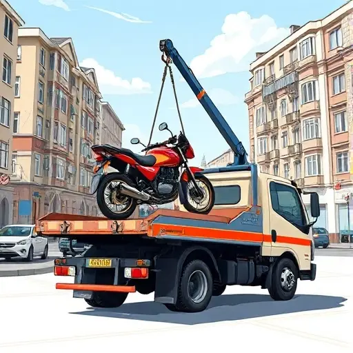 A compact, high-quality illustration of a tow truck in the Butovo district of Moscow, loading a motorcycle and other small vehicles onto its platform. The scene shows urban streets with typical Russian apartment buildings in the background, a clear sky, and the tow truck's hook and winch in action. Emphasize realistic details, dynamic perspective, and a professional, clean look without any text or logos.