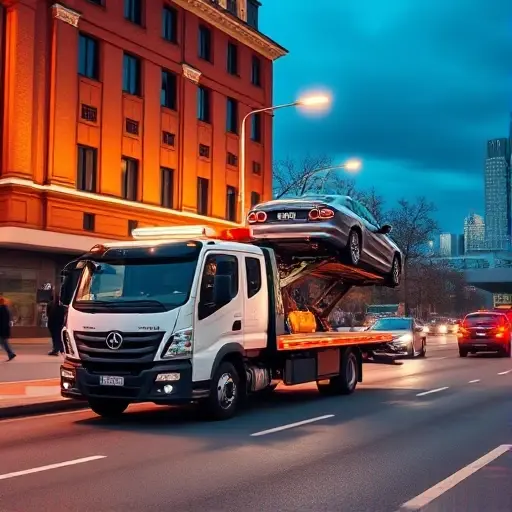 эвакуатор москва рядом A realistic scene of a modern tow truck parked on a busy Moscow street, with recognizable city architecture such as a red brick building and a hint of the Moscow skyline in the background. The tow truck is illuminated by street lights, and a car is being lifted onto its platform. The atmosphere is urban and helpful, showing a reliable towing service nearby. No text, logos, or signage are visible.