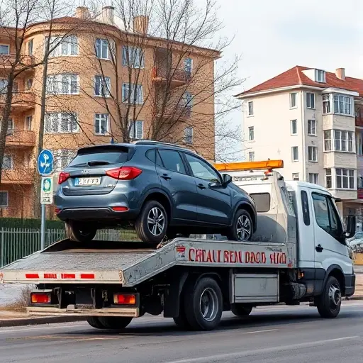 A realistic scene of a tow truck in the Kuntsevo district of Moscow, partially loading a small car onto its platform. The background shows typical Moscow residential buildings and street signs, with a clear sky. The focus is on the tow truck and the partially loaded vehicle, illustrating the concept of partial loading without any text or logos.