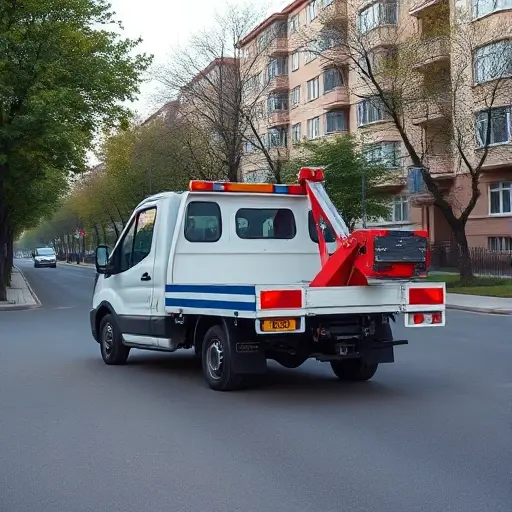A realistic scene of a modest, affordable tow truck parked on a quiet street in the northern part of Moscow, with typical Russian apartment buildings and tree-lined sidewalks in the background, under a clear sky. The focus is on the tow truck, showing its service role without any brand logos or text, conveying reliability and low cost.