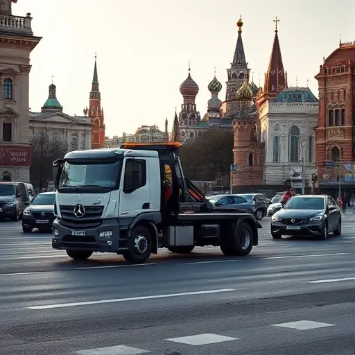 сколько стоит эвакуатор по москве цены 2025 A modern tow truck pulling a car on a busy Moscow street, with recognizable Moscow landmarks such as the Kremlin silhouette in the background, under a clear sky, realistic lighting, smallHQ style