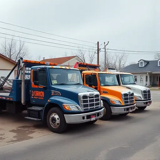 A composition featuring several types of tow trucks commonly found in Lyubino: a flatbed tow truck, a hook-and-chain tow truck, a wheel-lift tow truck, and a heavy-duty tow truck, all parked side by side in a small town setting with subtle background elements such as a quiet street and modest buildings, no people or vehicles in motion, no text or lettering visible