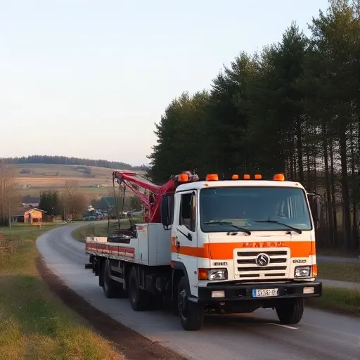 эвакуатор орехово зуево A tow truck parked on a rural road in Orekhovo Zuevo, surrounded by trees and a small village backdrop, with clear sky and subtle lighting, no text or letters visible