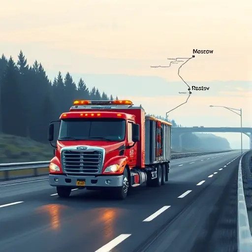 A realistic illustration of a tow truck driving on a highway that connects Moscow and Rostov, with a faint outline of a map in the background showing the route, focusing on the vehicle and road in a compact high-quality style