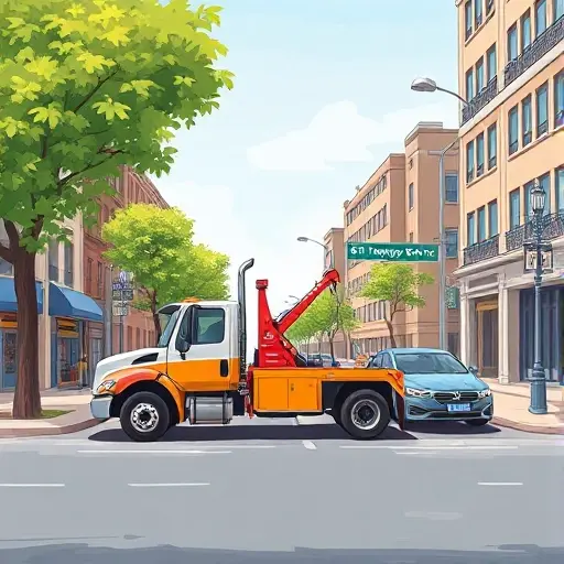 Эвакуатор в 5-м Таймырском проезде: Полное руководство A realistic small-scale high-quality illustration of a tow truck parked on a quiet urban street called 5th Taymyrsky Drive, with the truck's hook attached to a small sedan, surrounded by typical city buildings, trees, and a paved road under a clear sky. The scene should be clean, detailed, and free of any visible text, letters, or numbers.