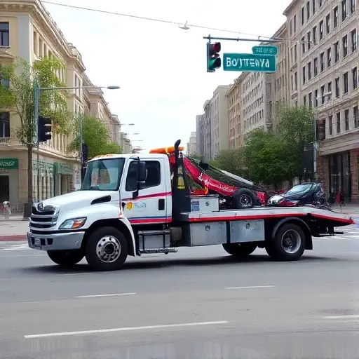 A tow truck parked on Boytsevaya Street, with a city street background, buildings, traffic lights, and a clear view of the street, no text or signage visible