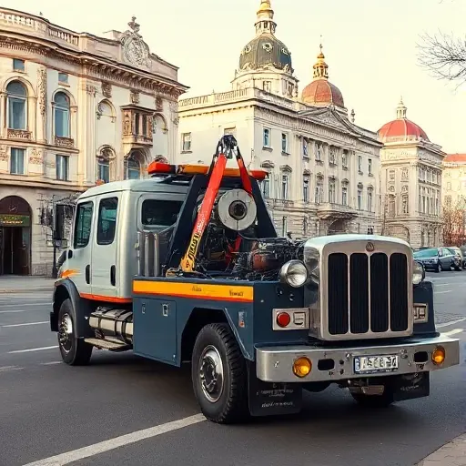 A realistic tow truck parked on a city street in Serpukhov, Russia, with historic buildings in the background. The truck is pulling a car using a hydraulic winch. The scene is daytime, with clear skies and no text or logos visible.