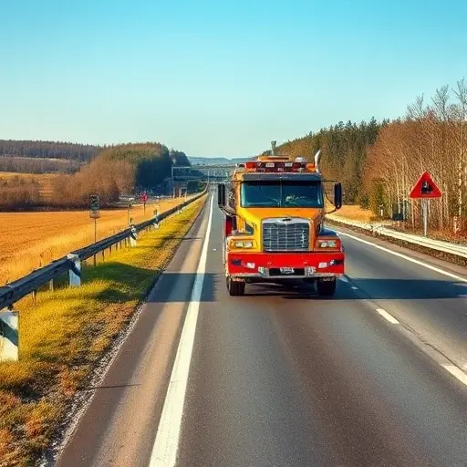 A realistic depiction of a tow truck (evakuator) operating on the Leningrad Highway near Moscow, showing the wide highway, surrounding trees and fields, road signs and markings, and subtle signs of road hazards such as uneven pavement or construction barriers, under a clear daytime sky