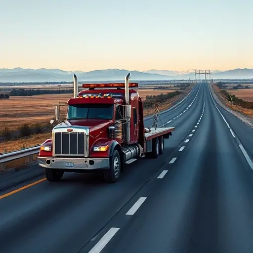 Эвакуатор Екатеринбург – Москва: Полное руководство по перевозке автомобиля A robust tow truck with a flatbed, driving along a long highway that stretches from the Ural mountains near Yekaterinburg toward the western plains leading to Moscow, with distant silhouettes of both city skylines on the horizon, clear sky, and subtle road signs indicating direction, all rendered in a realistic yet compact high‑quality style