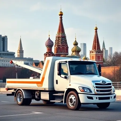 Сколько стоит вызов эвакуатора в Москве: Полный гайд A modern tow truck parked in front of a recognizable Moscow landmark, such as the Kremlin or St. Basil's Cathedral, with the city skyline in the background. The scene should convey the idea of a tow service in Moscow, with a clear, clean composition and realistic lighting.