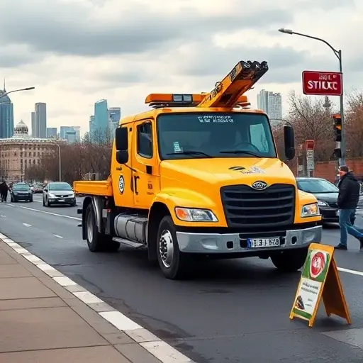 A bright yellow tow truck with a visible logo arrives at a roadside scene in Moscow, with the city skyline in the background, a few pedestrians watching, and a small sign with a symbol indicating cheap service, all depicted in a realistic style