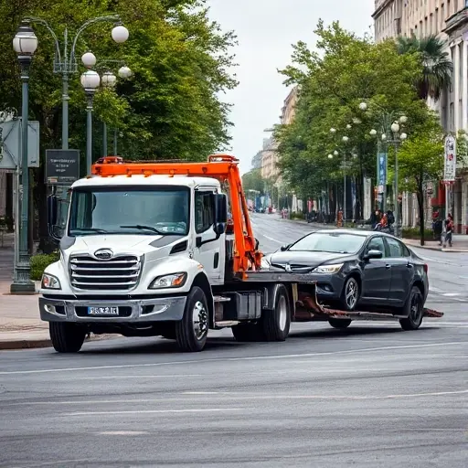 A realistic scene of a tow truck parked on Altayskaya Street, towing a damaged car. The street shows typical urban elements like lamp posts, trees, and a few pedestrians. The focus is on the tow truck's front and the towed vehicle, with a clear view of the street layout. No text, letters, or digits should be present.