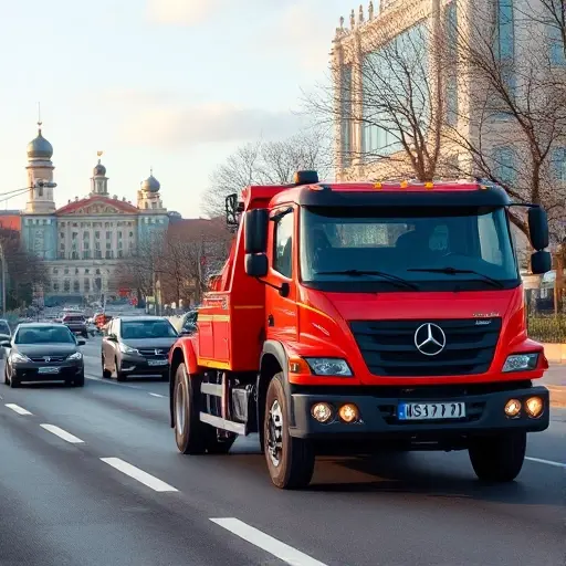 эвакуатор москва область A realistic scene of a modern tow truck (эвакуатор) operating on a busy road in the Moscow region, with recognizable Russian architecture and cityscape in the background, clear sky, and the tow truck prominently featured, no text or signage