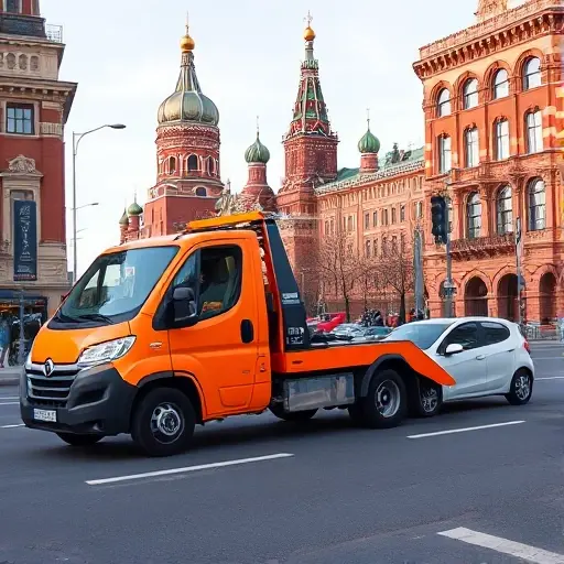 эвакуаторы хорошевский москва недорого A realistic scene of a tow truck pulling a small car on a city street in Moscow, with recognizable Moscow architecture such as the Kremlin dome and red brick buildings in the background, under a clear sky. The tow truck is modern, bright orange, and the driver is focused, but no visible text, logos, or signage are present.