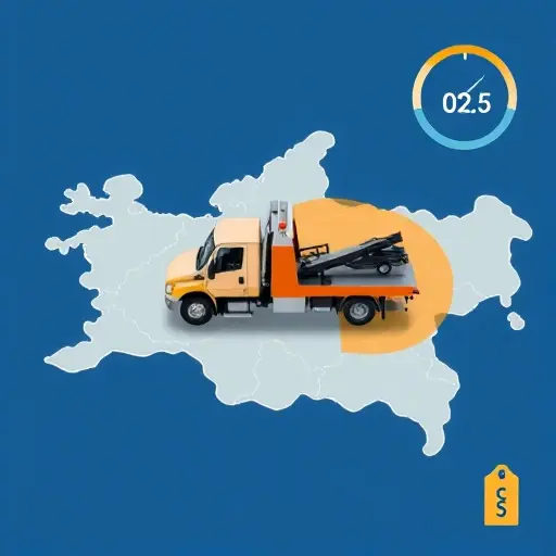 A realistic illustration of a tow truck driving through a stylized map of Moscow, with a highlighted coverage zone, a distance meter gauge, and a price tag icon, all without any text or numbers.