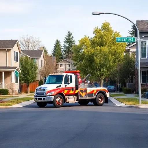 A realistic tow truck parked on a residential street with modern houses and trees, the road name implied by subtle street signs without visible text or numbers, under a clear sky, focusing on the vehicle and the surrounding neighborhood