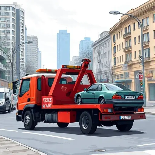A realistic illustration of a tow truck parked on 5th Myakininskaya Street, with a cityscape background, a car being towed, no text or lettering, no people, no signage, no other vehicles, in a detailed, high-resolution style