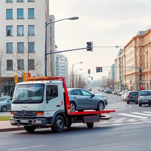 Эвакуатор в 1-м Рощинском проезде: Полное руководство A realistic depiction of a tow truck parked at a busy intersection in a Russian city, with a car being towed, no text or signage visible, clear daytime setting, no people or animals, no other vehicles, no background clutter.